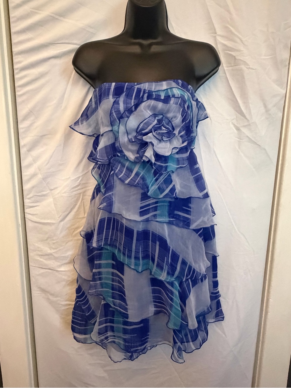 Small Strapless Blue Floral Ruffle Dress